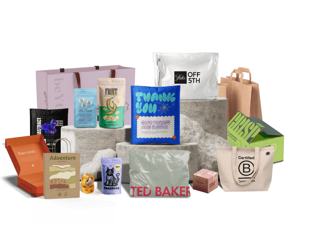 Custom EcoPackables mailers, pouches, shopping bags and boxes displayed together